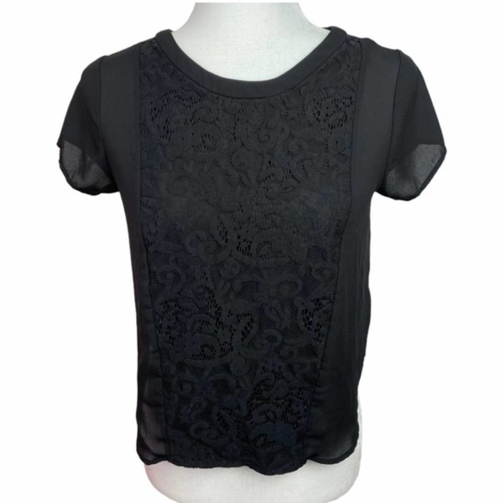 𝅺Guess Women’s Black Sheer W Lace Front Top XS